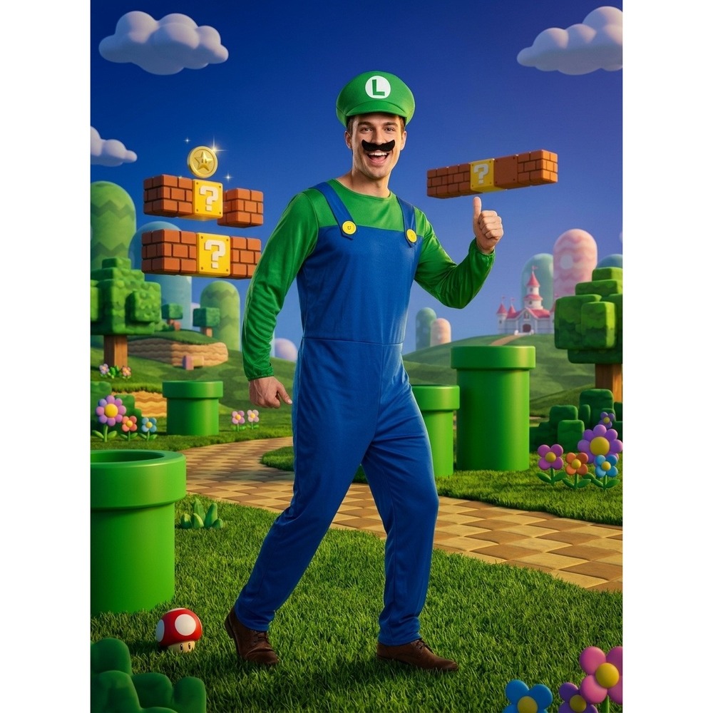 Luigi Costume Adult Mens XL Green Blue Jumpsuit with Hat and Mustache Cosplay